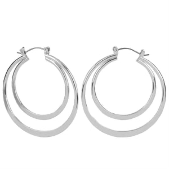 1.75” WHITE GOLD PLATED DOUBLE HOOP EARRINGS - Picture 1 of 7